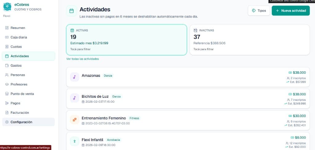 Pantalla de actividades de eCobros