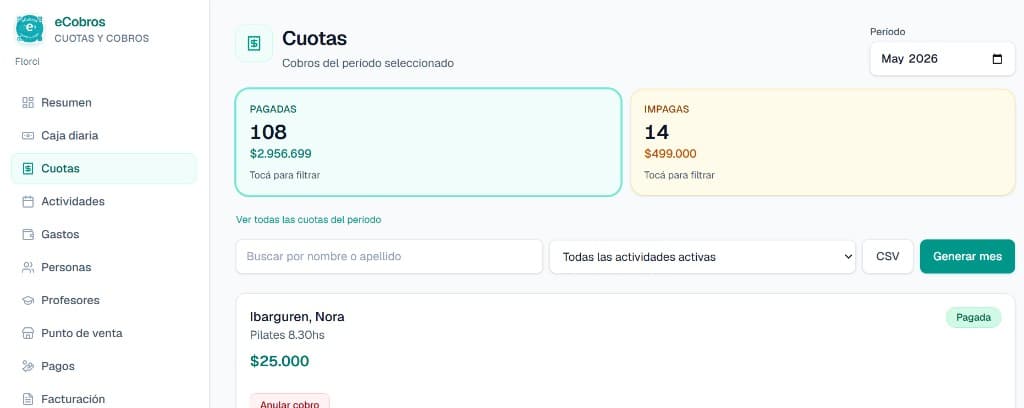 Pantalla de cuotas de eCobros